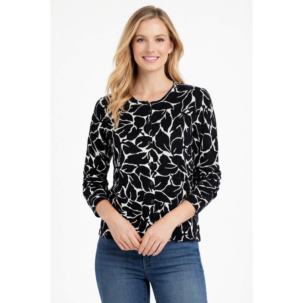 LOFT Black White Leaf Print Cardigan Sweater M Button Front Long Sleeve 100-12